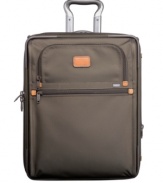 Take the world in form. Sophisticated, stylish and composed travel starts with this durable, dependable companion, the smart solution for quick trips overseas and around the world. Compact, expandable and rolling, this carry-on features endless organizational features, like a garment sleeve and exterior & interior pockets. 5-year warranty.