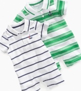 Prep him for fun with one of these sweet polo rompers from First Impressions.