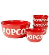 Hunker down for movie night with novelty popcorn bowls from Bella. Bright red earthenware labeled in big block letters is something the whole family can enjoy.