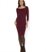 Lauren Ralph Lauren's figure-flattering boatneck dress rendered in soft cotton is accented with a double buckle at the shoulder for a hint of rustic edge.