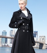 The subtlest colorblocking (black-to-charcoal grey) adds a sophisticated twist to Landry's wool-blend trench coat. Military-inspired styling gives this topper a structured silhouette.