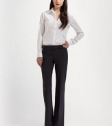 Sophisticated, wool-rich style with flattering flare legs, front pleating and a hint of stretch. Hidden button closure Zip fly Front pleating Back besom pockets Fully lined Inseam, about 34 96% wool/4% Lycra Dry clean Made in USA of Italian fabric