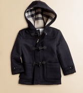 Featuring check lining, classic toggles and an attached hood, this coat made from plush wool is a cold-weather must-wear.Attached hoodLong sleeves with button cuffsToggle button closurePatch pocketsFully linedWoolDry cleanImported Please note: Number of buttons may vary depending on size ordered. 