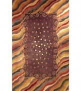 A polka dot pattern against a deep magenta background creates an abstract rug of rich, artistic beauty. A vivid, swirling border in a color palette that includes beige, burgundy, lavender and creme completes the rug with a resplendent finish. Made of plush wool.