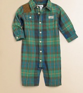 Taking a cue from classic button-front shirts, this adorable coverall boasts a preppy suede patch, button cuffs and a traditional plaid pattern.Point collarLong sleeves with single-button cuffsButton-frontButton-flap chest pocketsBottom snapsCottonHand washImported Please note: Number of snaps/buttons may vary depending on size ordered. 