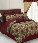 An exotic landscape of pattern in this comprehensive Lyon comforter set lends a bold bohemian look to the bedroom. Rich burgundy solids draw in a romantic touch and the set comes with enough elements to bring the full look to your space.