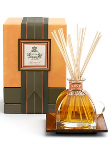 The uplifting signature scent is a complex and subtle blend that permeates the air with addictive waves of clove, the zest of bitter orange and just a touch of cypress. Presented in Italian crystal perfume bottle and glass stopper 7.4 fl. oz. 20 eight-inch reeds Tray not included