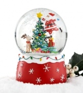 Nothing like a snow globe to spread holiday cheer. Holiday Lane captures a heartwarming scene where Santa adds final touches to his Christmas tree as Rudolph looks on. Plays Deck the Halls.
