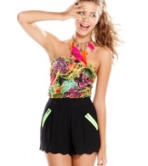 Rainforest inspiration translates into the lush print on this Brasil-inspired strapless top from Belle Du Jour!