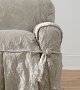 Ripe and ready for spring, the Matelasse Damask slipcover collection presents a fresh damask design for your furniture. Rounded arms with extra-thick cording and a straight skirt with four sets of ties make this slipcover sturdy and compatible with any style furniture, from slim-lined to camel back.