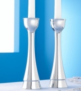 Kindle the traditional Sabbath lights with these stunningly modern candlesticks. A design of soaring curves combines with a polished stainless steel surface for minimalist elegance.