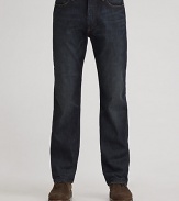 Dressed-up denim is cut with straight legs in a soft wash and ultra-dark rinse. Five-pocket style Zip fly Signature back patch Inseam, about 34 Cotton; machine wash Imported