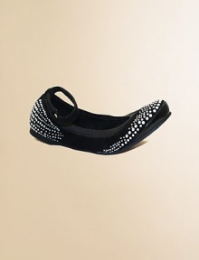 Classic ballet shoes given urban edge with studs and rhinestones.Ankle strap with grip-tape closeElasticized grosgrain ribbon collarMatte studs, rhinestonesFaux suede upperSoft microfiber liningPadded insoleRubber soleImportedAdditional InformationKid's Shoe Size Guide (European Equivalent) 