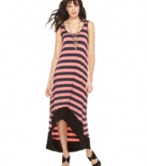 An asymmetrical hi-lo hem adds edge to this striped Kensie maxi dress -- perfect for showcasing spring's statement sandals!