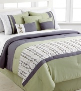 Misty horizons. In refreshing shades of blue and green, this Cheshire comforter sets offers a look of modern serenity to the bedroom, featuring simple solids embellished with contemporary designs. Comes complete with shams, bedskirt and decorative pillows for a cool, crisp atmosphere.