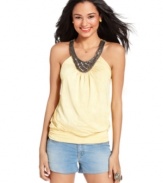 So cute: a beaded neckline adds chic embellishment to an easygoing blouson top from Sequin Hearts!
