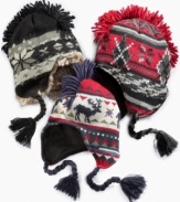 These peruvian hats with mohawk fringe add a bit of outdoor style to his winter weather gear.