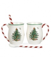 Christmas couldn't be sweeter with Spode's Christmas Tree Peppermint mugs and candy cane spoons. An iconic holiday favorite with raised detail and red candy stripes makes hot cocoa or eggnog especially irresistible.