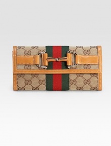 Continental wallet/wristlet with horsebit and web detail in GG fabric with leather trim, and light goldtone hardware.Detachable chain strap, 7½ drop Snap closure Thirteen card slots Three bill compartments Fully lined 7½W X 4H X ½D Made in Italy