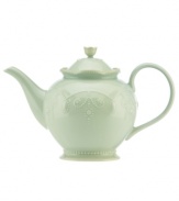With fanciful beading and a feminine edge, this Lenox French Perle teapot has an irresistibly old-fashioned sensibility. Hardwearing stoneware is dishwasher safe and, in an ethereal ice-blue hue with antiqued trim, a graceful addition to any meal. Qualifies for Rebate