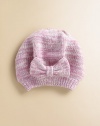 Marled wool-blend yarn knit into a shapely beret, topped with a sweet bow for feminine charm. Smooth knit with ribbed edging40% wool/28% rayon/15% nylon/10% cashmere/7% angoraHand washImported