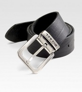 Slightly textured buffalo leather with logo detail and smooth metal buckle.Buffalo LeatherAbout 1½Imported