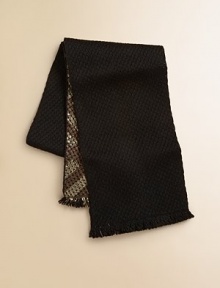 A subtle metallic check with matching fringe adorns this warm wool and silk-blend knit.Wool and silk-blendAbout 50 X 8Dry cleanImported A subtle metallic check with matching fringe adorns this warm wool and silk-blend knit.Wool and silk-blendAbout 50 X 8Dry cleanImported