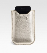 A sleek and compact case is handcrafted specifically for the iPhone with a metallic finish. Soft, protective chamois lining securely holds the unit in place. Accommodates iPhone 3 and 4 models Also fits newer Blackberry models Padded sides with a form-fitted construction 3½W X 5H Made in USA FOR PERSONALIZATION Select a quantity, then scroll down and click on PERSONALIZE & ADD TO BAG to choose and preview your personalization options. 