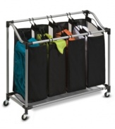 Separate the clean from the dirty, the colors from the darks, the delicate from the durable-this deluxe quad sorter makes space for all of your laundry needs. Featuring four lift-out mesh bags that are mildew-resistant, this heavy-duty steel sorter is set on wheels for easy access around the house.