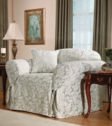 An effortless update and perfect furniture protector, the printed Scroll chair slipcover from Sure Fit features a draped skirt with back ties for a sleek fit over any style furniture.