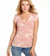 Faded splotches create a cool bleached effect on this striped henley top from GUESS?.