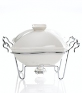 Serve hot hors d'oeuvres or warm up your next entrée with this white porcelain baker from Godinger. With a warming stand and tealight candle included. Shown front.