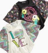 Kaleidoscopic. With cute mixed prints on the chiffon of these dolman-sleeve shirts from Self Esteem, she can show off her hippie chic.