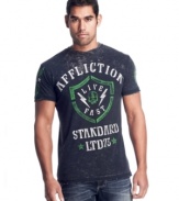With a big, bold graphic, this reversible T shirt from Affliction is sure to be an eye-catcher all weekend long.