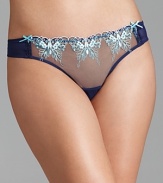 A solid mesh thong with butterfly embroidery all over, a playful style from Betsey Johnson.