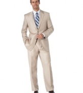 A smart addition to your spring and summer wardrobes, this lightweight Alfani tan suit helps you coordinate with a vibrant seasonal color palette.