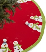 Lay the groundwork for a festive holiday with the Googly Eye Snowman tree skirt. Snowmen buttoned up for winter and wearing pompom hats run circles around your Christmas tree.
