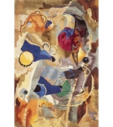 A round rug that is ideal for open spaces. A mesmerizing medley of abstractions, this rug features a scattered design of irregular shapes and vibrant colors. The mixture of yellow, blue, red, green and earth tones makes the rug glow with resplendent beauty, adding a modern look to any home.