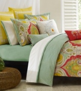 Inspired by the intricate, eye-catching artistry of Indian designs, the Jaipur comforter set renews your room with an exotic appeal. The face of the comforter and shams features a lavish design of yellow, spice and aqua tones, and reverse to an aqua diamond motif that coordinates with the matching bedskirt.