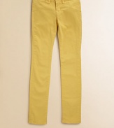 Styled like jeans, skinny like leggings, with a touch of stretch that active girls crave.Front button and zip flyBelt loopsFaux front pocketsBack patch pocketsCotton/Lycra spandexMachine washMade in USA of imported fabric