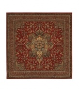 With regal designs that pay homage to the ancient art of rug-making, this piece imparts a classic, yet modern feel with rich colors that reflect the most popular looks of today. Featuring a dramatic center medallion, sweeping out in a burst of branches and blossoms, and accented in deep tones of antique red. Meticulous power-loom construction with Couristan's patented locked-in-weave and crystal-point finish. 25-year limited warranty.