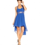You won't be tardy for the party dressed in this high-low halter dress from City Studios! The soft pleating and beaded accents are so chic, you'll want to get to the event early to impress!