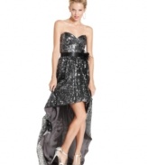 Shine big and bright in this glamorous high-low dress from City Triangles! A sweetheart neckline and satin sash adds fashionable flourish!