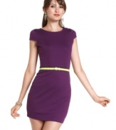 Highlighted by a neon-color skinny belt, Planet Gold's cap-sleeve, ponte-knit dress nails tailored, minimalist style!