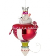 The evil Rat King turns circles around your tree, commanding attention as a shiny red ornament crowned with glitter, jewels and a furry white collar. A real prince from the Nutcracker Suite, by Department 56.