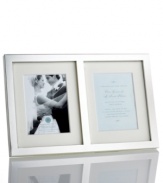 Preserve a special photo and related memento side by side in the double invitation frame from Martha Stewart Collection. Panels of matte silver plate surround your happiest moments in elegant simplicity.