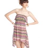 'Tis the season to flaunt your graphic-cool style! Do so with this dress from Lily White that boasts a ruffled neckline and an oh-so-bold print!