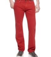 Lookin' good. Slim-fit and bright color will give you a standout silhouette in these fashion-forward jeans from Guess.