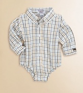 A grown-up dress shirt designed for your little one in soft cotton plaid twill with a snap bottom to keep it in place.Button-down collarButton placketLong sleeves with button cuffs, one with horse embroideryElasticized leg openingsSnap bottomCottonMachine washImported Please note: Number of buttons may vary depending on size ordered. 