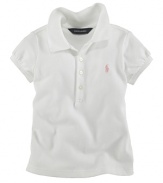 Essential cap-sleeved polo shirt in signature stretch cotton mesh, mercerized for a lustrous sheen.